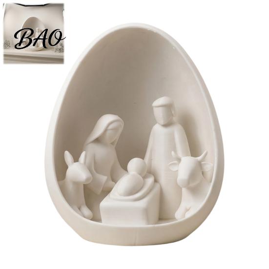 Minimalistická vánoční dekorace Mini betlémová figurka, Vánoce se Svatou rodinou ve vejci, Malé sváteční pokojové doplňky 3D tištěná stolní ozdoba pro
