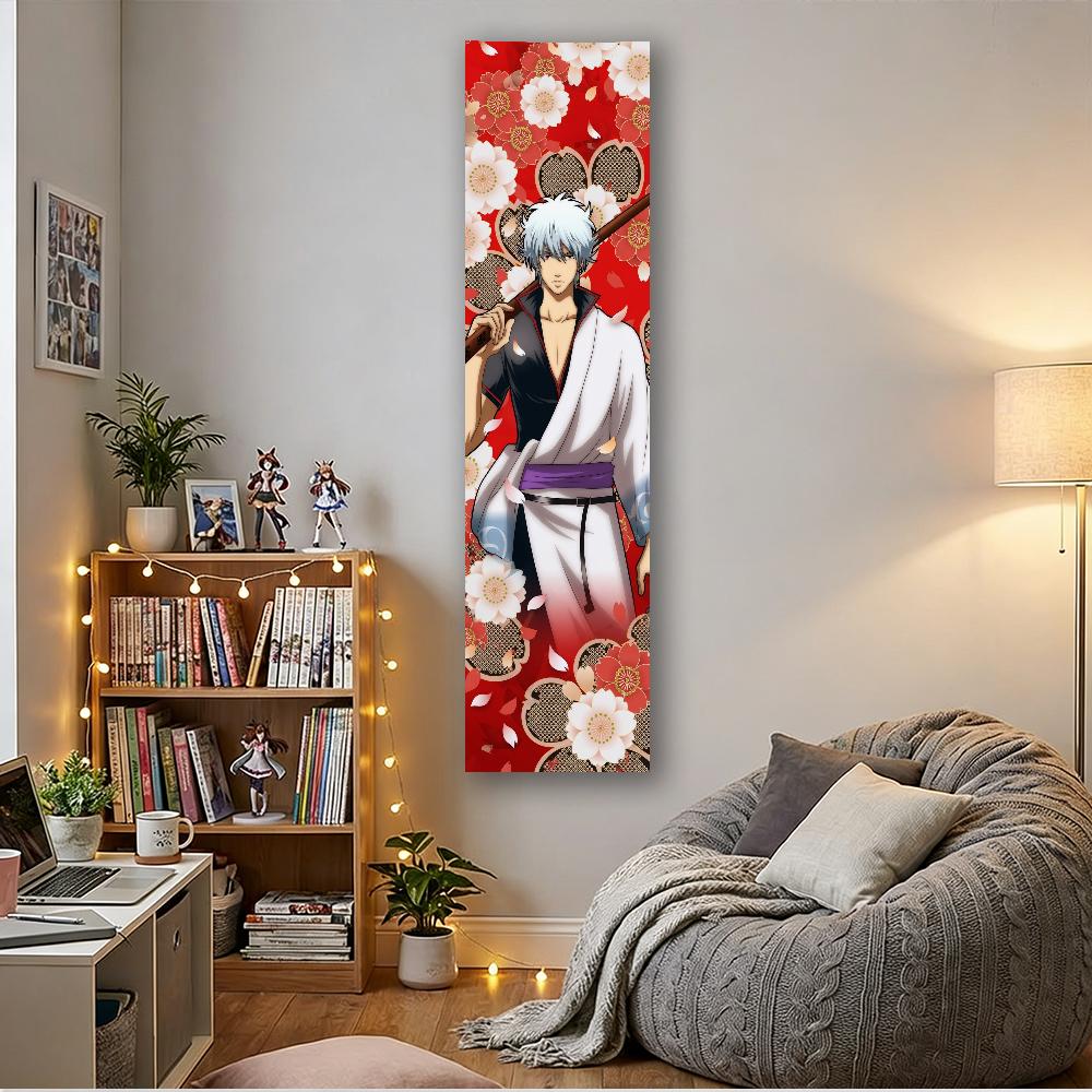 Vertical Tapestry Japanese Anime Style Silver Hair Samurai Wall Hanging Flat Print for Bedroom Dorm Decor Red Floral Art