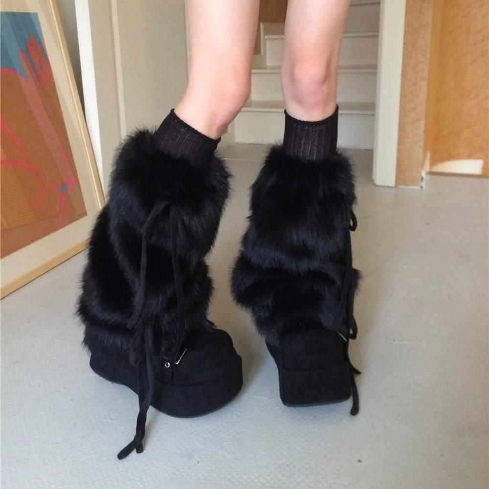 Autumn/winter Leg Warmers with Bow Tie Straps - Mid-calf Faux Fur Warm Socks