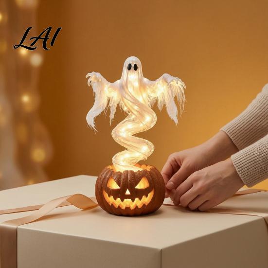 Osvětlená Strašidelná Domácí Dekorace Duch Dýně Zahradní Lampa Halloween Pryskyřičná Figurka s Teplým LED Světlem Tematická Místnost Rotující na Základně Stolní Dekorace na Verandu