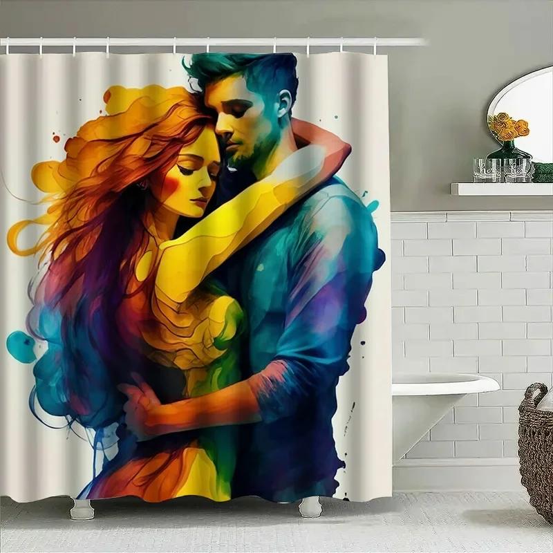 Colorful Romantic Couple Artistic Waterproof Shower Curtain For Bathroom Decor, High-Quality Material And Easy To Clean