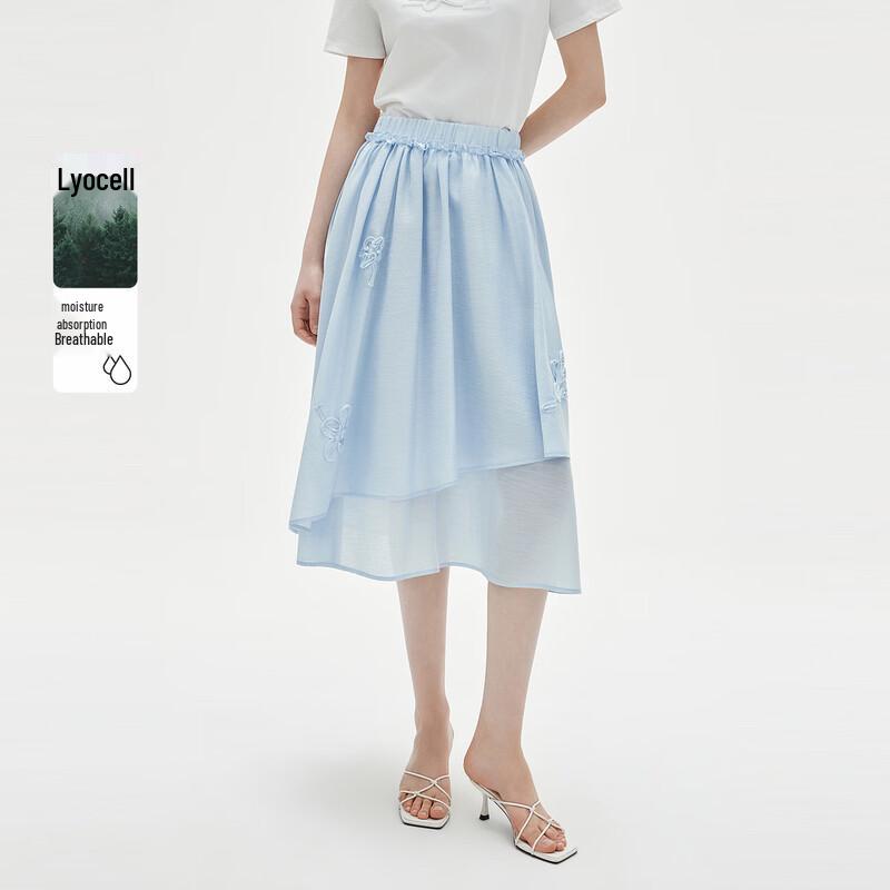 ELLE Embroidered Tencel A-line Midi Skirt L