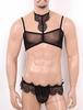 Men's See Through Crossdress Lace Trim Sissy Jock Strap Underwear with Bra Top