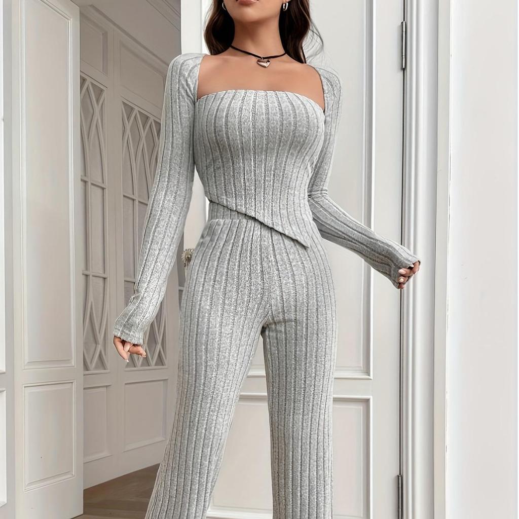 2024 Women's Solid Color Rib-Knit Lounge Set: Long-Sleeve Top & Pants