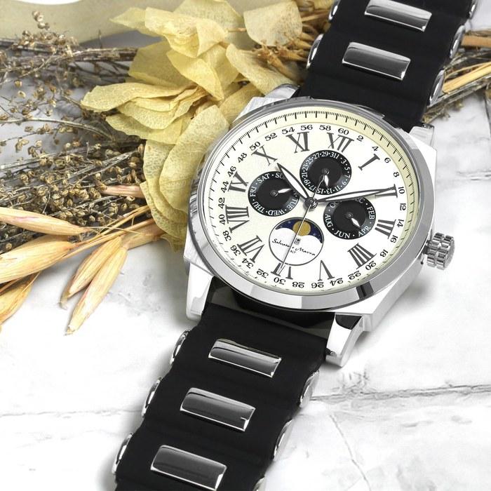 [Salvatore Marra] Watch Moon Phase Multi-Calendar 50m Waterproof Business Formal Men's Rubber Strap Limited Edition White Silver