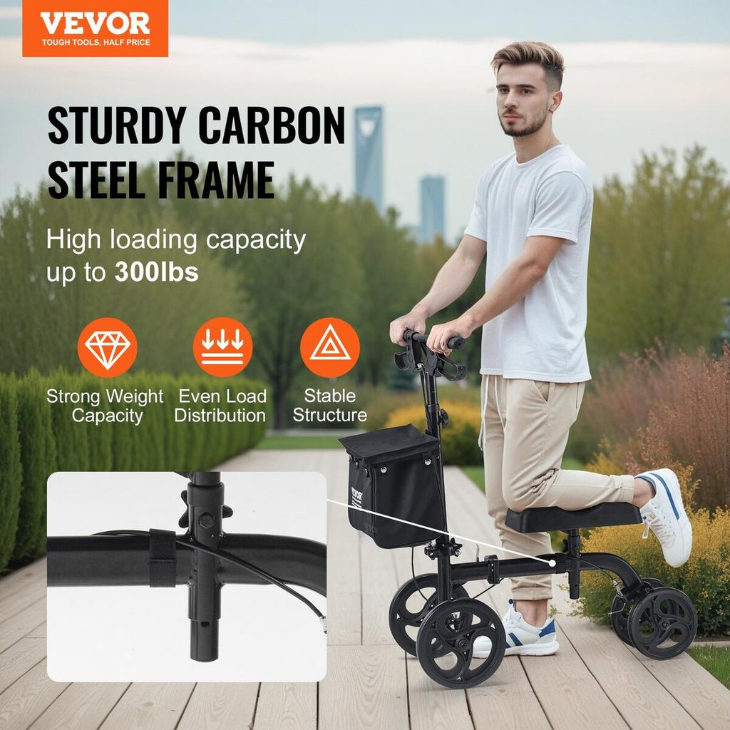 Folding Knee Scooter, Carbon Steel Steerable Knee Walker with Height-Adjustable Handlebar & Knee Pad, All-Terrain Solid Wheels, Dual Brakes, Leg