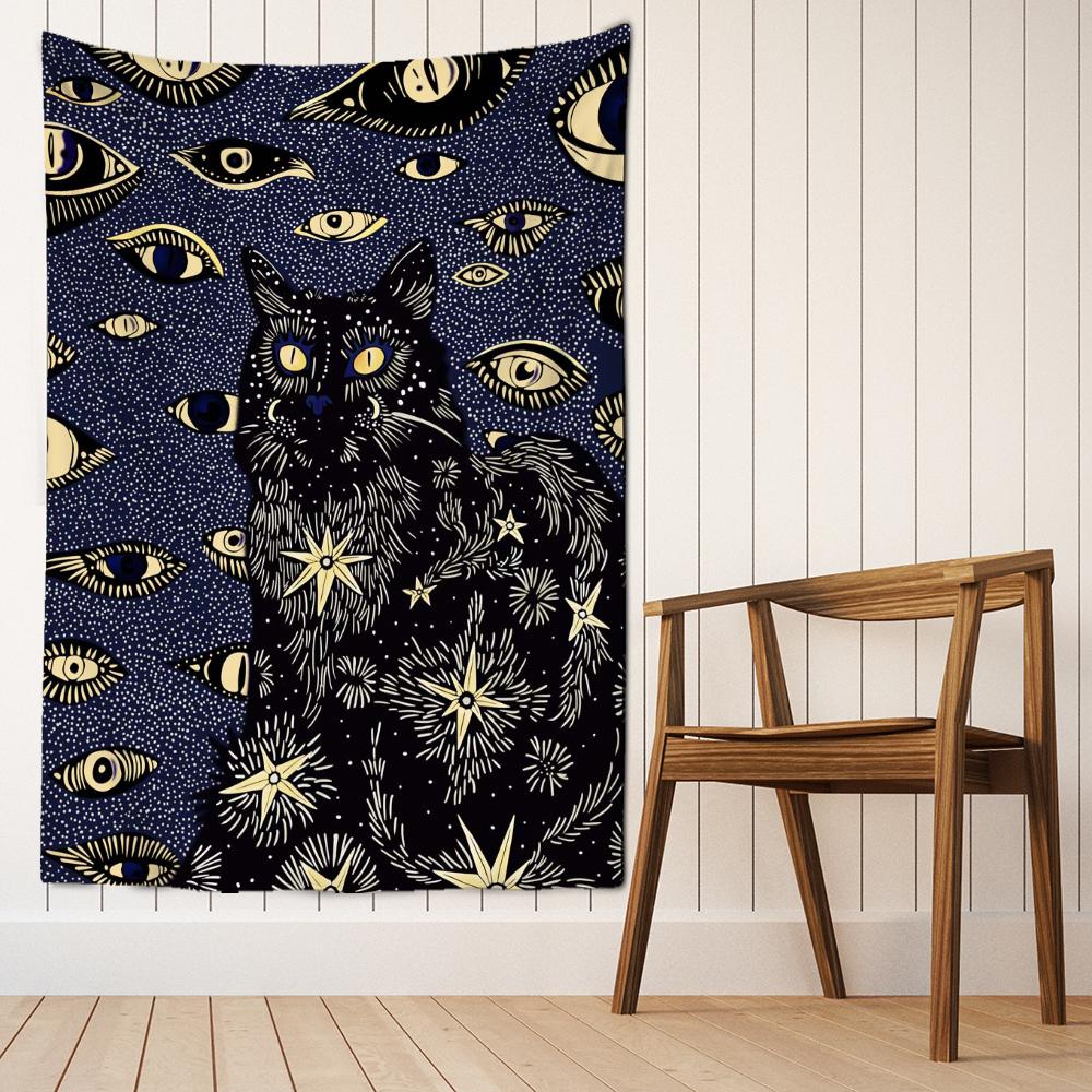 Black Scary Eyes Cat Tapestry Wall Hanging Abstract Psychedelic Witchcraft Bohemian Dormitory Living Room Home Decor