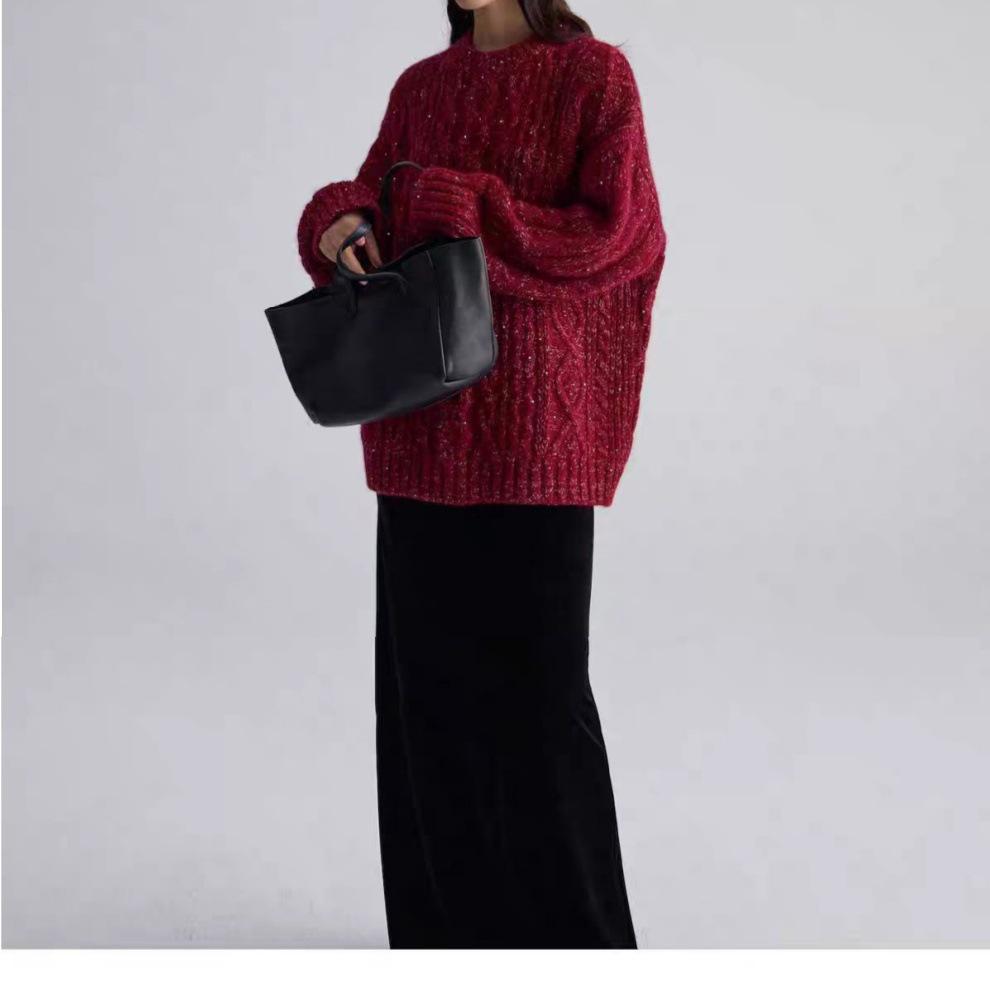 Women's European Style Heavy-Duty Three-Strand Twisted Wool Sweater, Autumn/Winter, Red Heather Yarn, Relaxed Fit