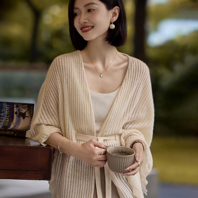 Women s 100% Pure Cashmere Knit Shawl with Hollow Lace and Tie-Up Design for Autumn/Winter, Korean Style.