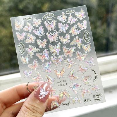 Glänzende 3D-Schmetterlings-Nagelaufkleber, Aurora-Muschel, Glitzer, Nagelkunst-Aufkleber, Maniküre, Nagelkunst-Design, DIY, ultradünne Slider-Dekoration, transparenter Kleber