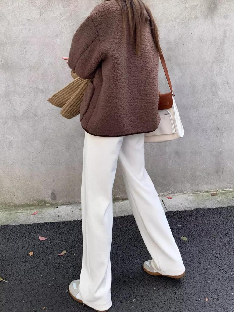 Damen Kaffeefarbene Chenille-Cordhose mit weitem Bein - Herbst/Winter Bodenlang, Lässig Gerades Bein - Weiß