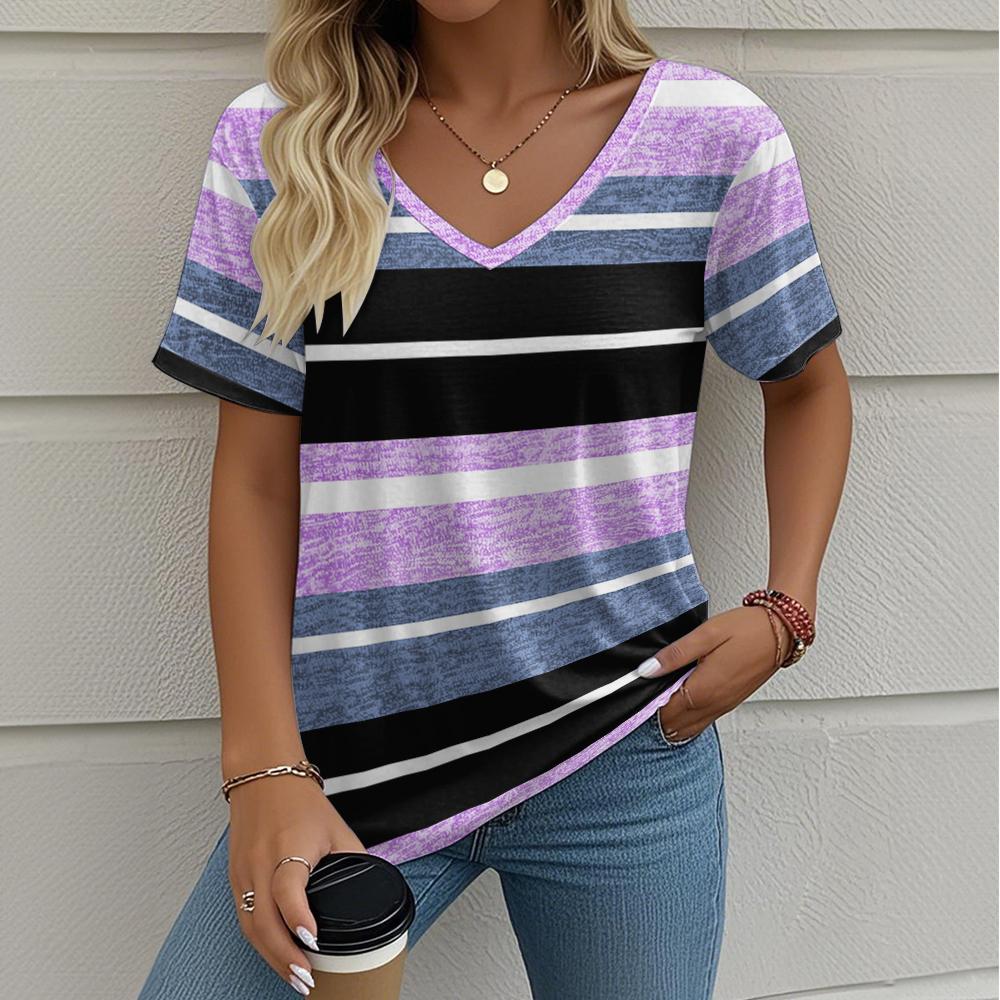 

Summer Ladies Striped Printing Oversized T-Shirt Retro Fashion Casual V Collar Women Short-Sleeved T-Shirt 5XL