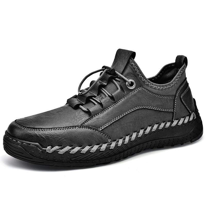 Men's Lazy Elastic Band Stitching Leather Shoes - Stylish Low-top Slip-On Sports Sneakers for Spring and Autumn.