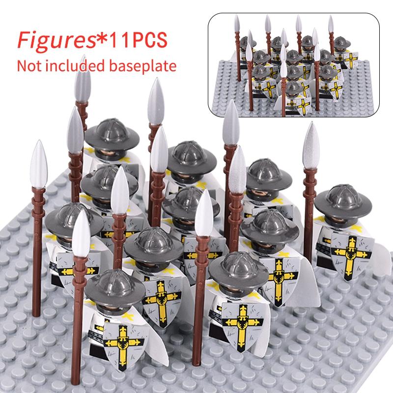 11 Silver Gray Knight Figures w Yel Edge Helm Swords Red Cross Shields White Cloaks No Baseplate