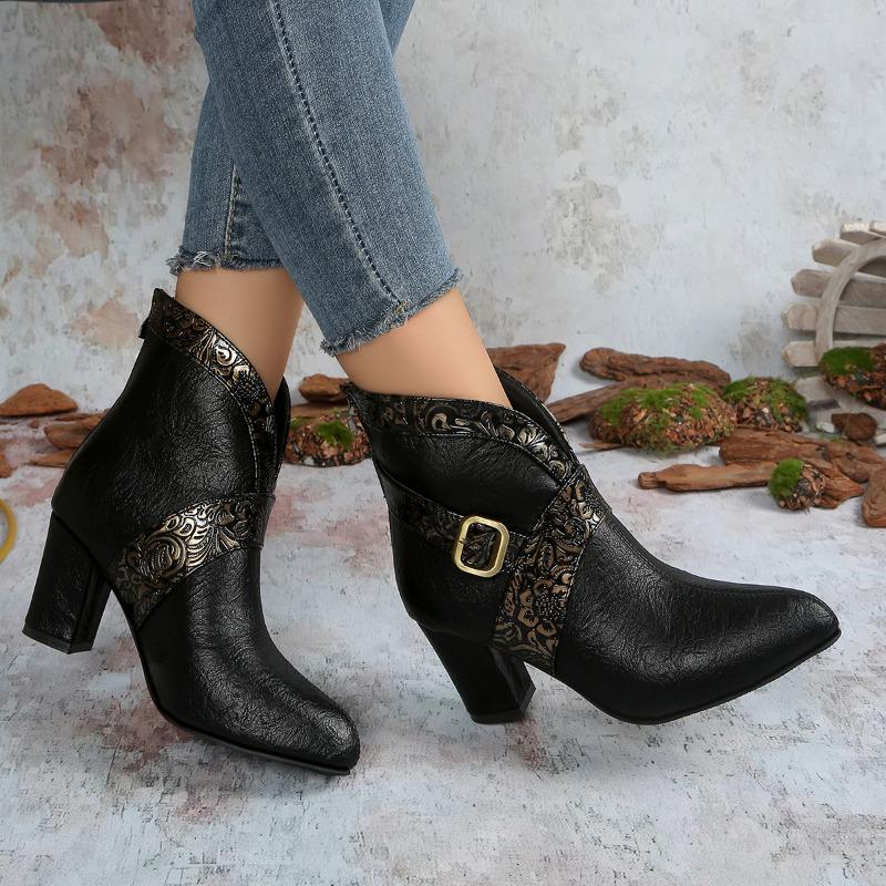 Fashion Plus Size Block Heel Booties Fall New Pointed Toe Paneled Rear Zipper Non-Slip Single