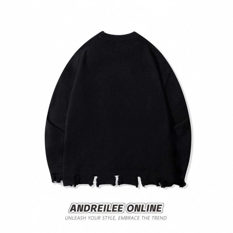 Mens Vintage Streetwear Knit Sweater Loose Fit Round Neck Long Sleeve Casual Pullover