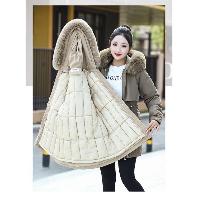 Damen Lange Baumwollgepolsterte Jacke mit Abnehmbarer Kapuze, Verdickter Parka Wintermantel