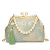 2026 Women's Crossbody Evening Bag with Chain Clasp - Textured Qipao Embroidery & Pearl Design
