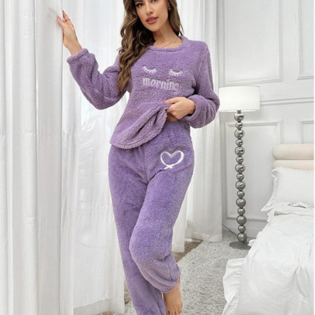 Damen Flauschiger Pyjama Set - Lässiger Rundhalsausschnitt Langarm Besticktes Buchstabenmuster - Teddy Flauschiger Lässiger Pyjama für Winterwärme, Oberteil und Hose