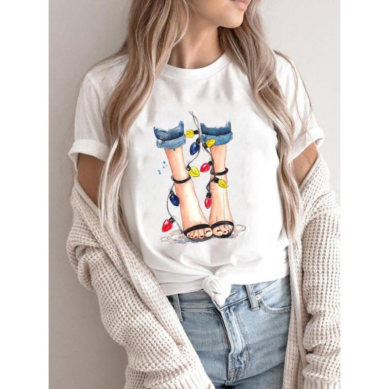 Summer Plus Print Christmas Theme Loose Cotton Short Sleeved T-Shirts Women’s