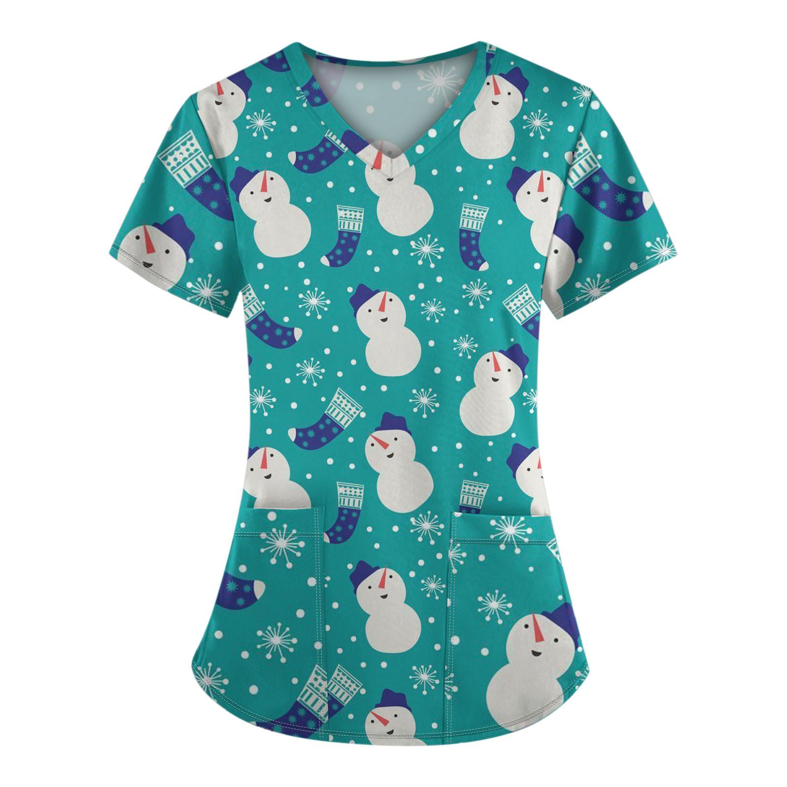 

Женская модная футболка с коротким рукавом и V-образным вырезом, карманом и рождественским принтом XXL