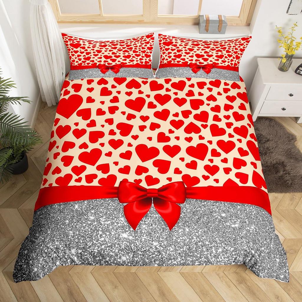 Red Love Heart Duvet Cover For Couples,Bow Romantic Bedding Set Valentines Day Loving Hearts Quilt Cover Wedding Comforter Cover