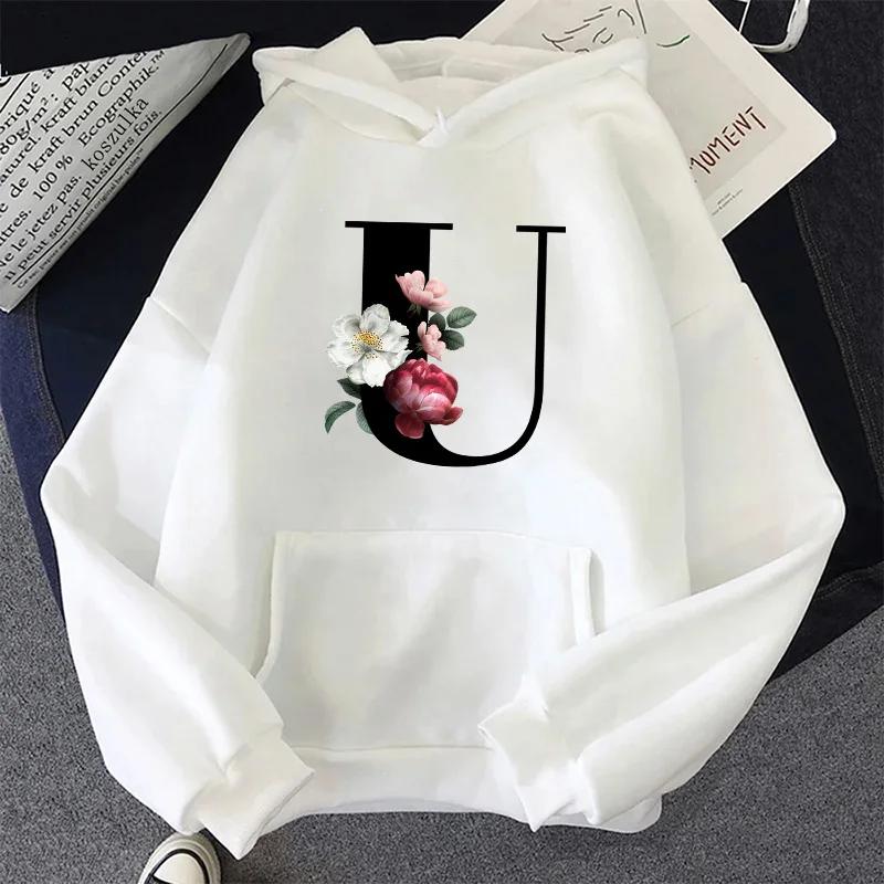 Letter A-Z Printed Womens Hoodies Casual Sweatshirts Sportswear Outdoors Sports Jogging Woman Clothing White Fashion Street Tops