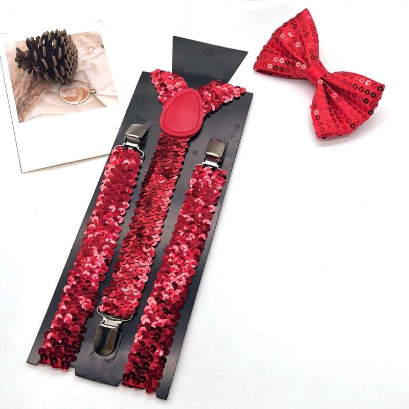 Popular Sequins Suspenders and Bowtie Set for Male with Metal Clip Weddings and Theme Parties Costume Neckwear Accessory