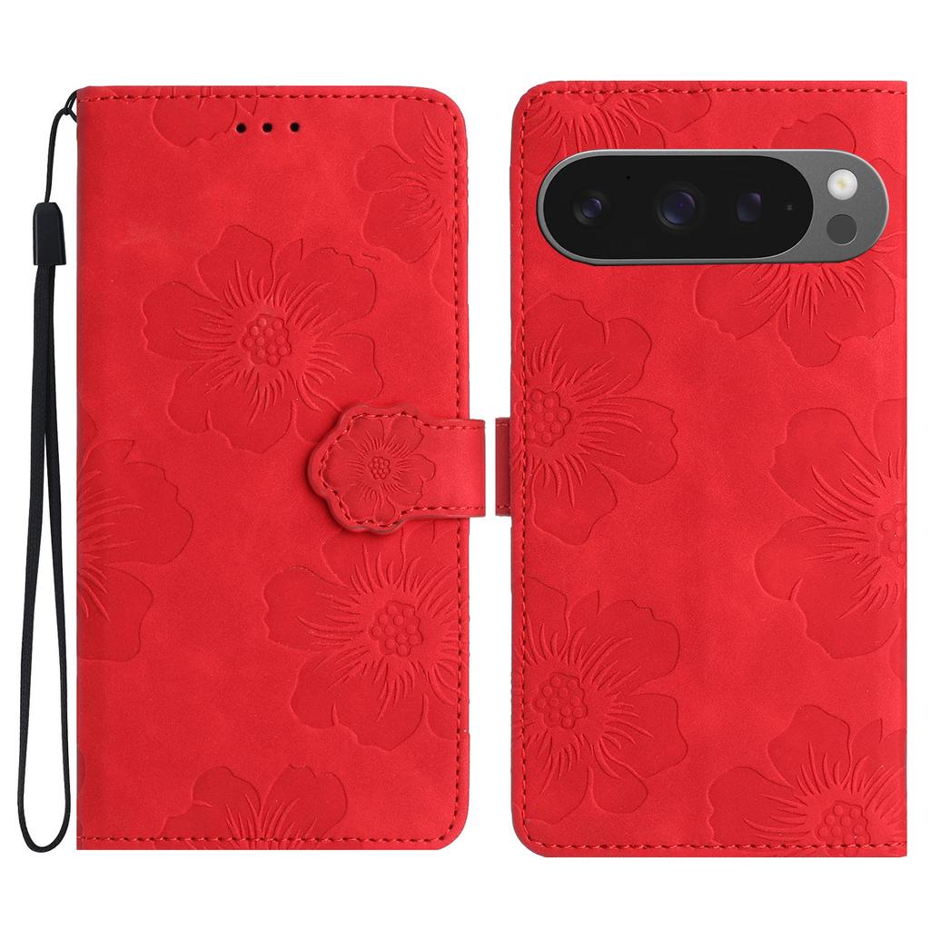 For Google Pixel 9 Pro XL Case Flower Design Leather Wallet Phone Cover with Wrist Strap