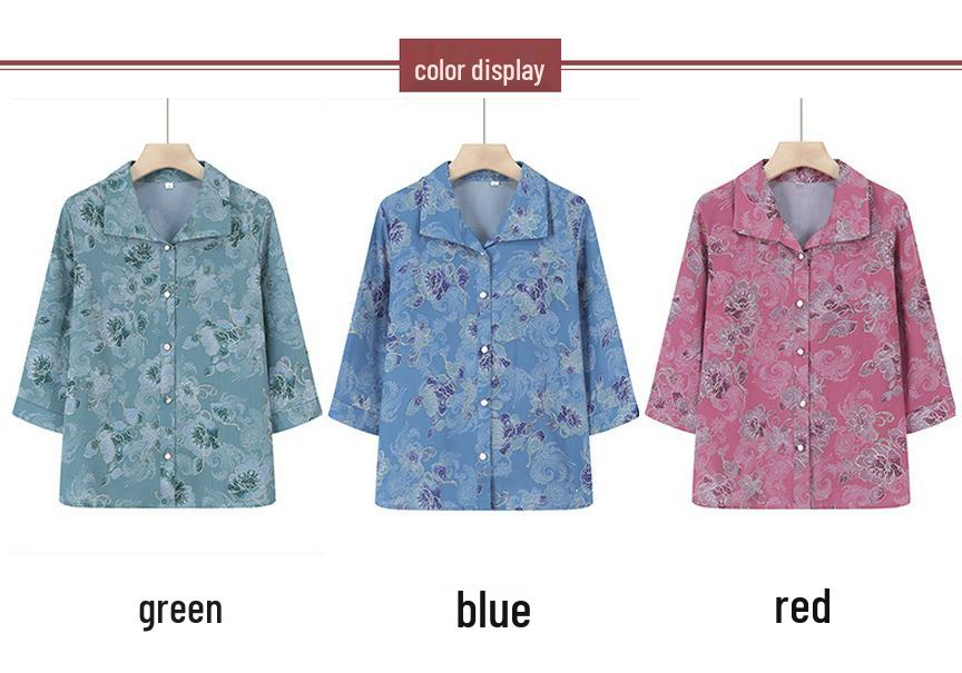 Printed Short-Sleeve Shirt for Middle-Aged Women, Loose Lapel Cardigan for Seniors