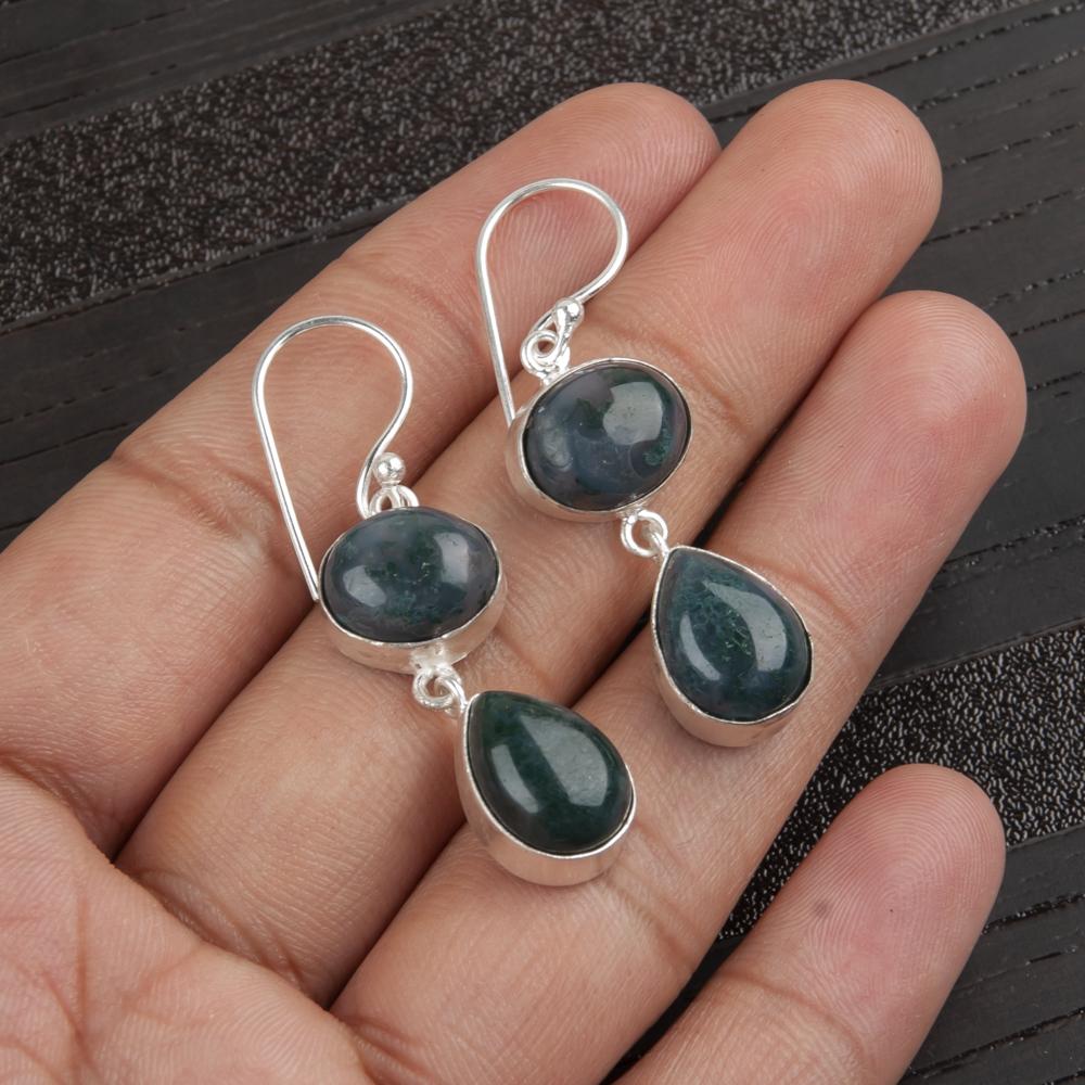 Moosachat Edelstein Schmuck, 925 Sterlingsilber Ohrringe, Handgefertigte Wunderschöne Silberohrringe für Hochzeitsgeschenk