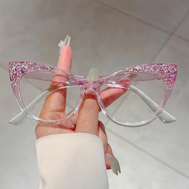 KAMMPT Fashion Cat Eye Multi Color Frame Women's Trendy Crystal Shiny Glasses Non-prescription Original Brand Design Eyewear