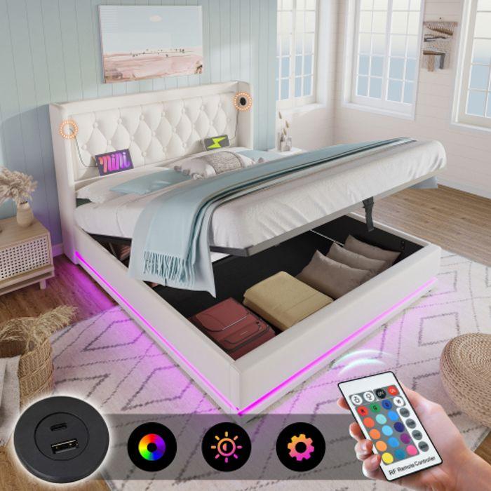 Lit Double Capitonné - MUVOE - 160x200 Cm - Tête De Lit Avec USB - Espace De Rangement - 720 Ressorts