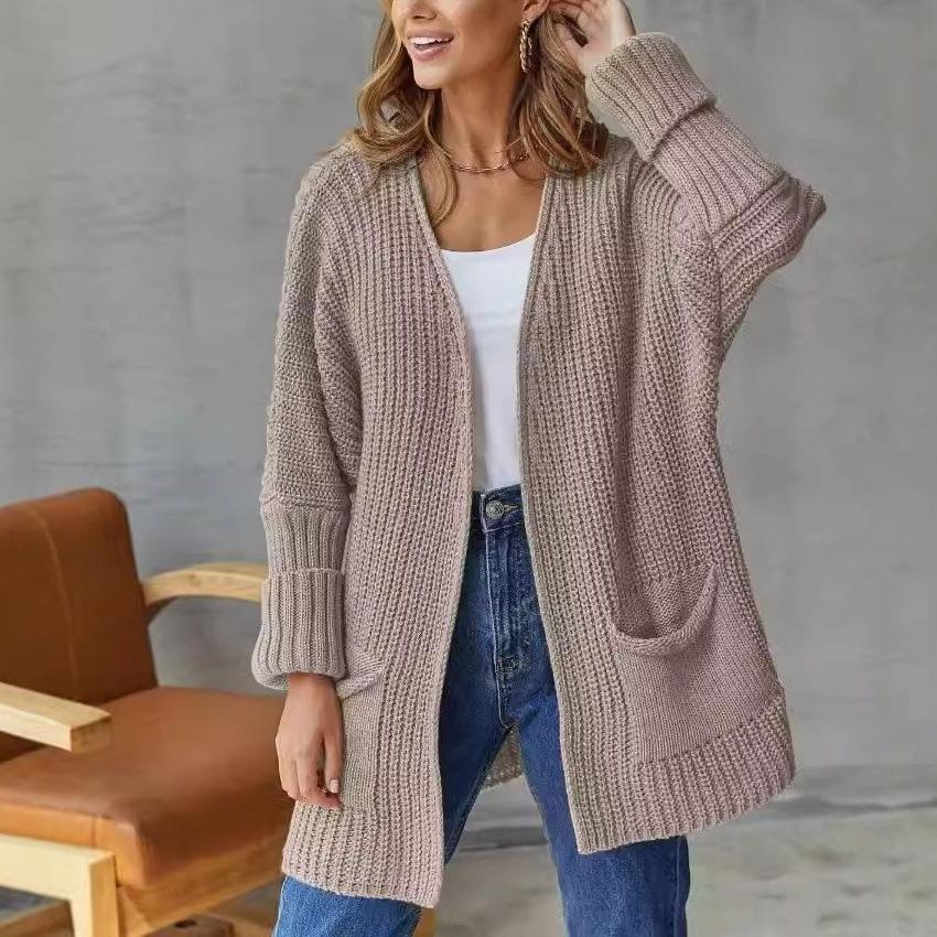 Sweater European and American pockets solid color loose sweater jacket lazy style fashion commute