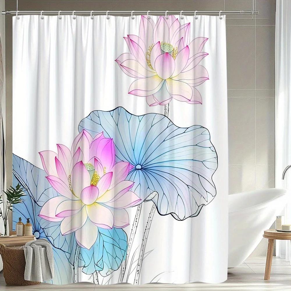 1pc for Lotus Theme Shower Curtain - Exquisite Floral Pattern with Pink, Blue, Green & Yellow for Lotus Flowers, Polyester Fabri