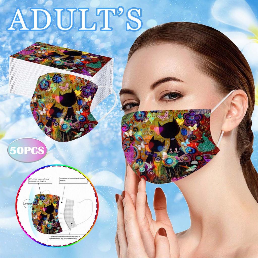 50PC Adult Flowers Cat Cartoons Printing Three-Layer Disposable Protective Mask