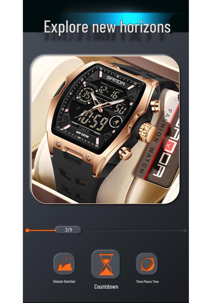 Sanda Dual-Movement Barrel Watch: Luminous Alarm, Large Dial, Multifunctional Student Watch.