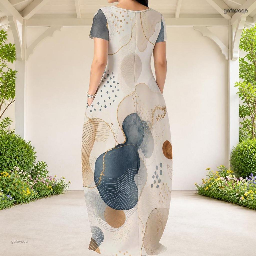 Women Plus Size Round Neck Short Sleeve Abstract Printed Loose Maxi Dress With Side Pockets