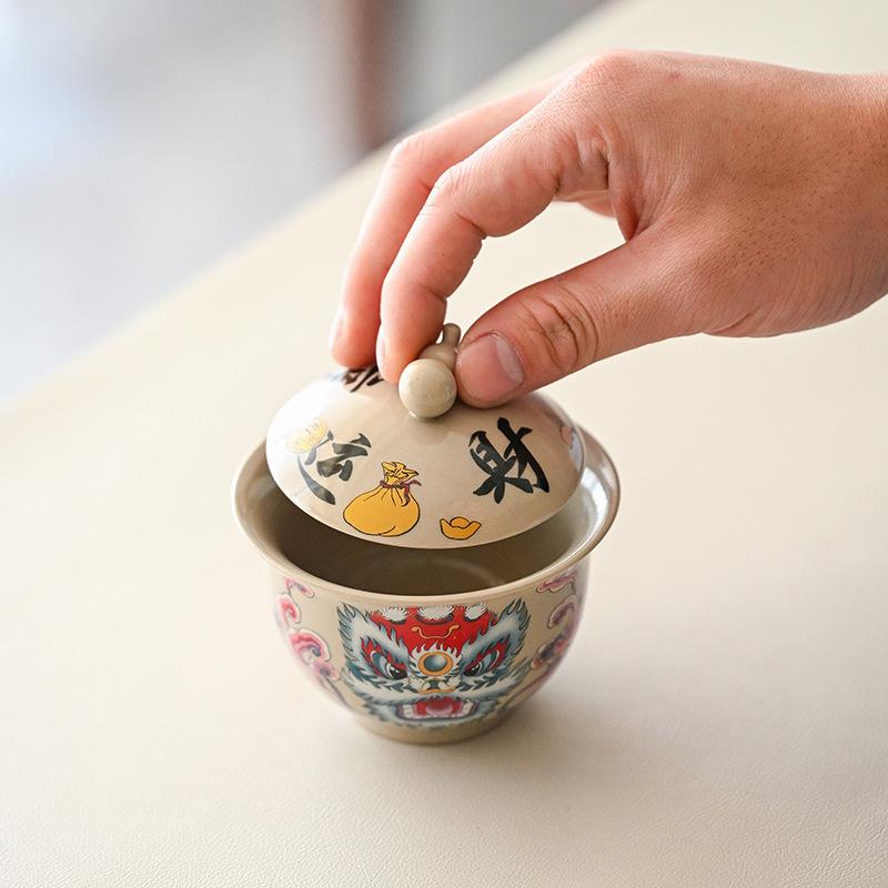 Lion Awakening Ercai Gaiwan Hovering Ceramic Teacup Retro High-End Single Tea Brewer Anti-Scalding Tea Bowl Kung Fu Tea Set