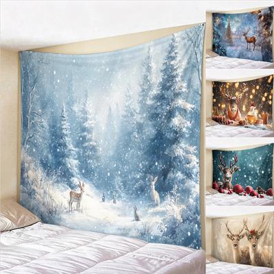 Christmas Reindeer Tapestry Wall Hanging, Snowy Red Ornament Deer Print Tapestry for Holiday Bedroom Living Room Home Decor