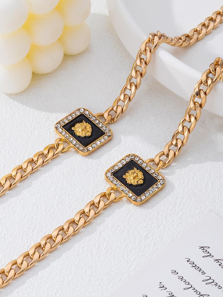 Fashion Light Luxury Lion Head Necklace Bracelet Set, Alloy Chain With Diamonds Square Pendant Jewelry Women'S Models