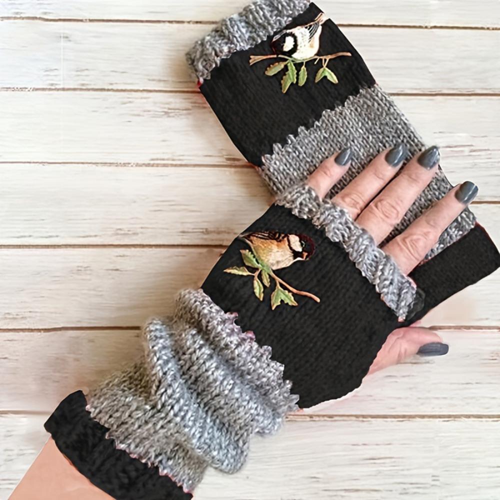 Embroidered Bird Half Finger Gloves Spicy Girl Y2k Winter Mittens Outdoor