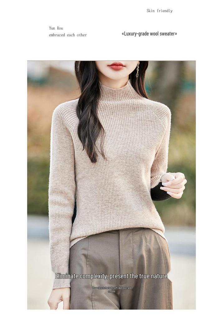 French Color-Block Ribbed Wool Knit Top - Women's New Autumn/Winter Long-Sleeved Half-High Neck
