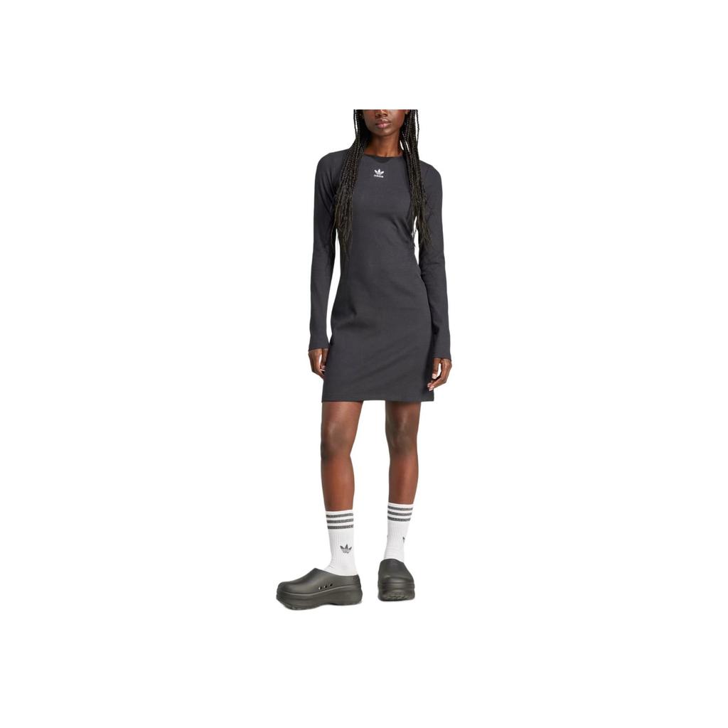 Adidas Originals Solid Color Round Neck Slim Fit Short Long Sleeve Dress Women dresses Gray IY9657