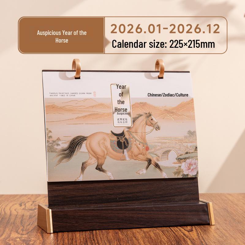 2026 Jahr des Pferdes Chinesischer Stil Holz Schreibtischkalender mit Doppelringständer