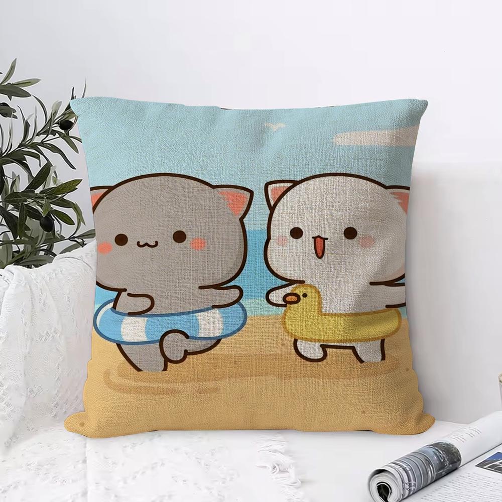 Cartoon Sweet Cute Cat Cushion Cover Eco Linen Pillow Case DoubleSided Print Breathable Durable Zipper Home Decor Gift