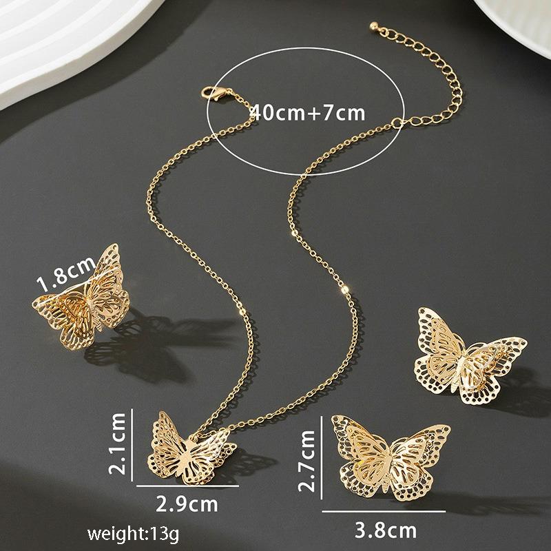 Three-piece stainless steel butterfly jewelry set vintage hollow gold jewelry necklace earrings ring