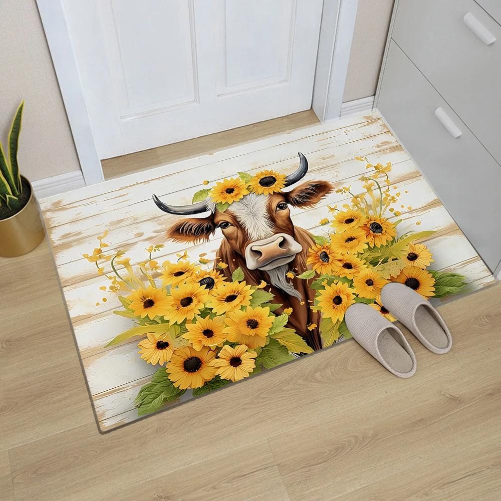 VIKAMA Highland Cow Welcome Doormat Indoor/Outdoor Non-Slip Entrance Rug Kitchen & Bedroom Floor Mat Rustic Home Decor