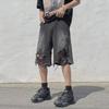 Pantaloni scurți din denim rupt pentru bărbați Urban Hip-Hop distressed - Fit retro, cu margini crude, stil de vară spălat