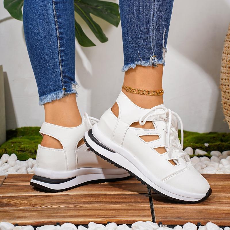 New style women's closed-toe sandals, hollowed-out breathable women's shoes, plus size platform shoes with thick soles and laces
